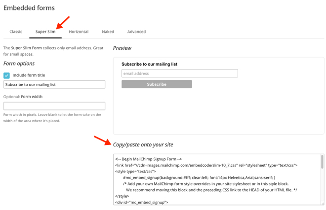 Copy the embed code for the signup form