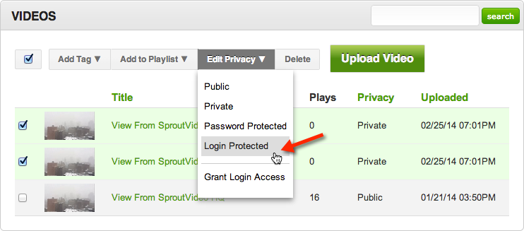 Selecting new privacy settings for videos hosted on SproutVideo